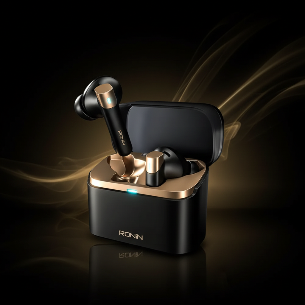 Black and gold earbuds with stylish background